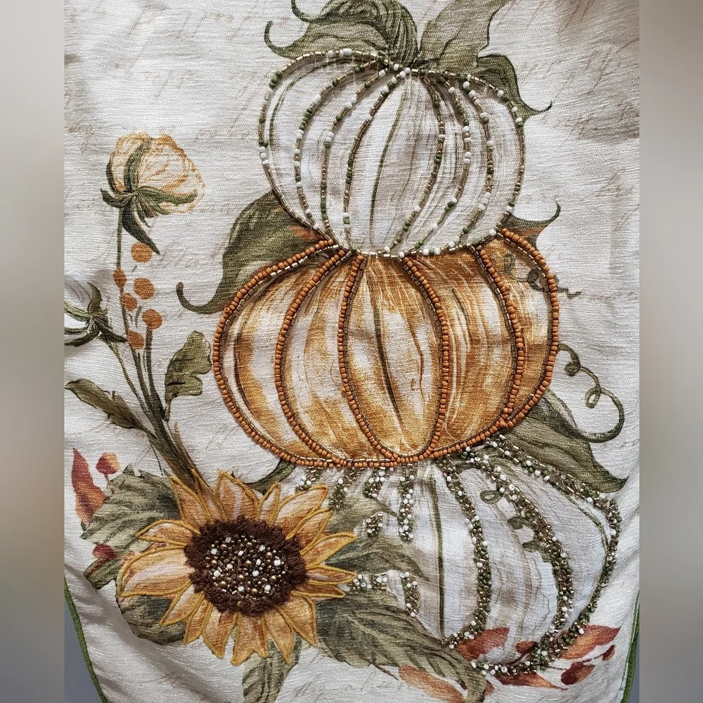 Nicole Miller Home NWT Beaded Pumpkins and Sunflowers Table Runner